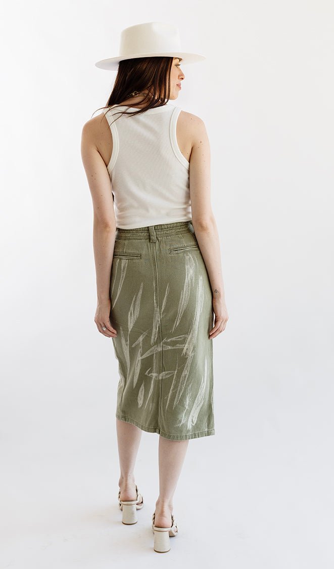 Olive Denim Midi Skirt with Distressing - Flea Style