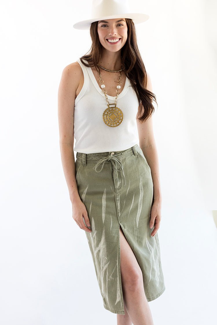 Olive Denim Midi Skirt with Distressing - Flea Style