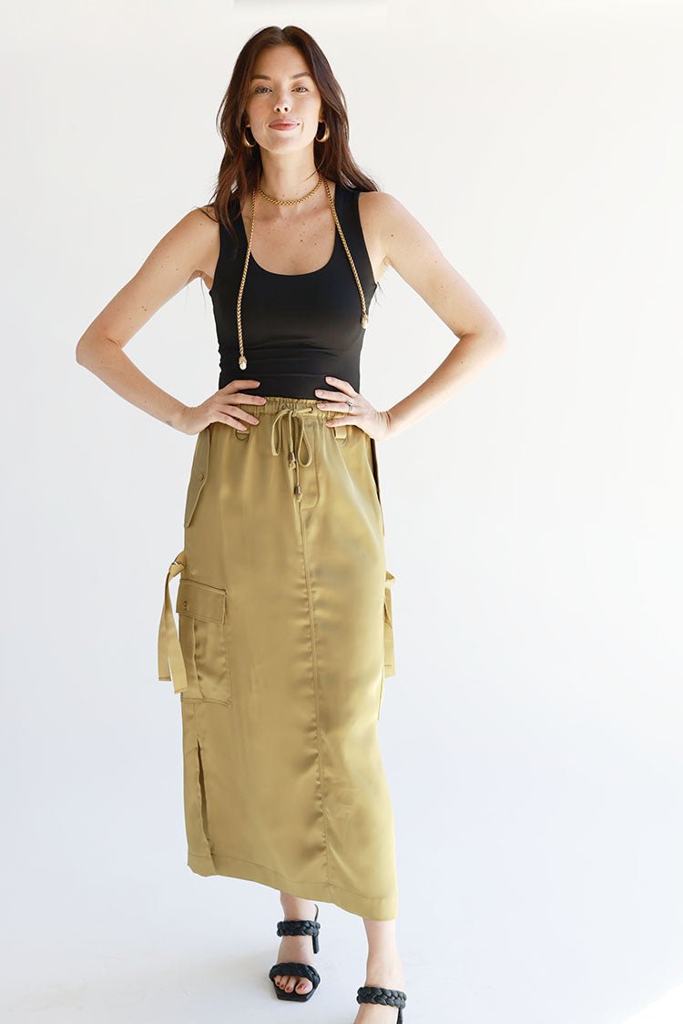 Olive Silk Cargo Maxi Skirt - Flea Style