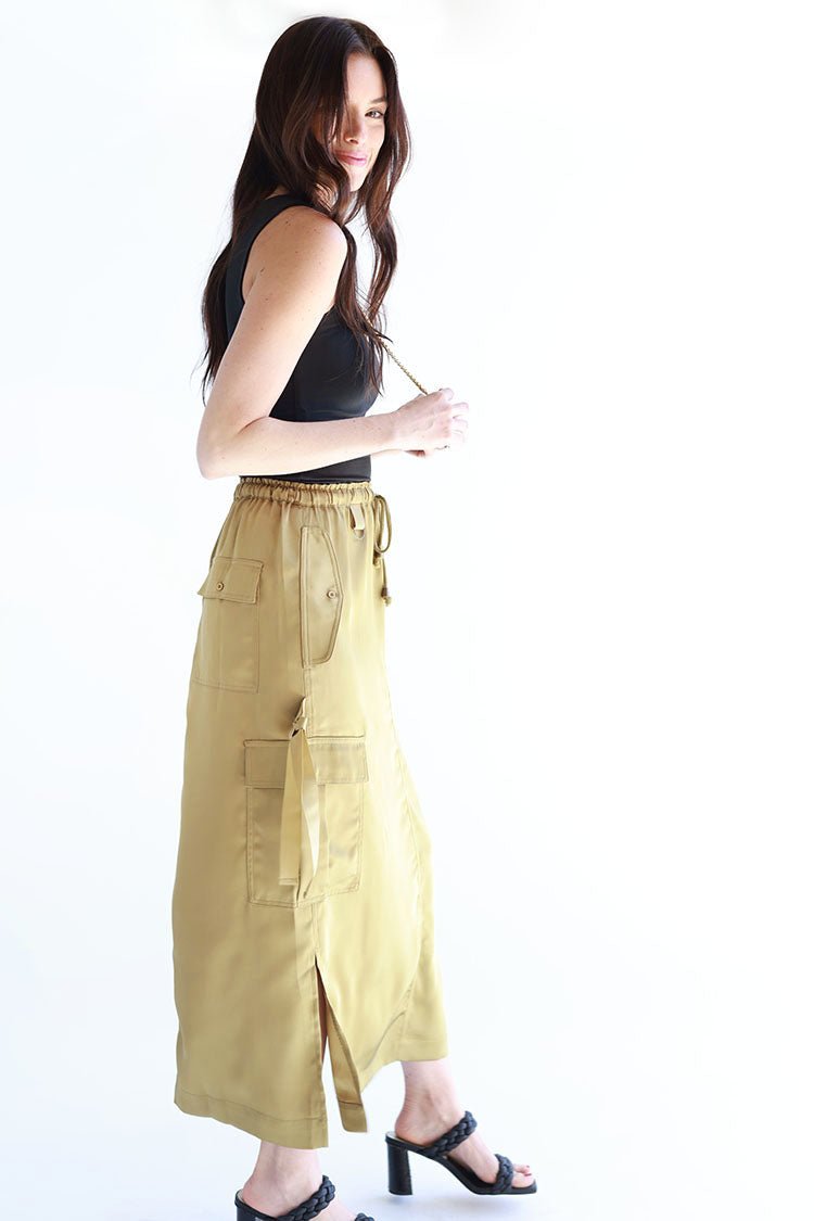 Olive Silk Cargo Maxi Skirt - Flea Style