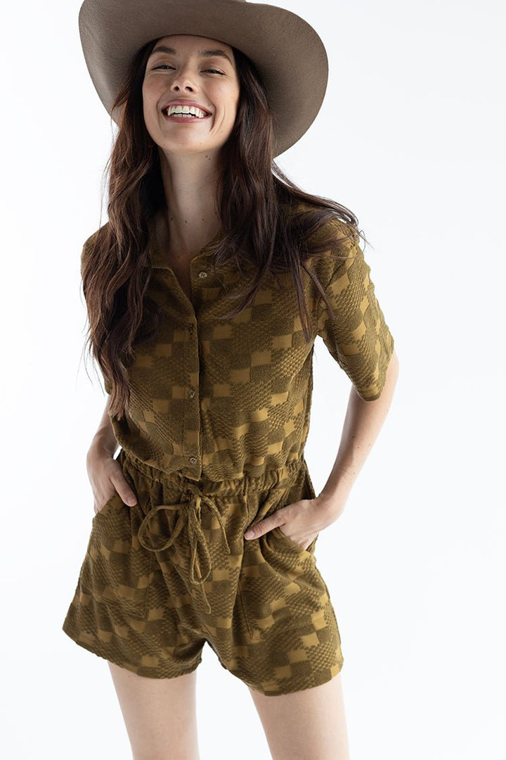 Olive Textured Button Down Romper - Flea Style