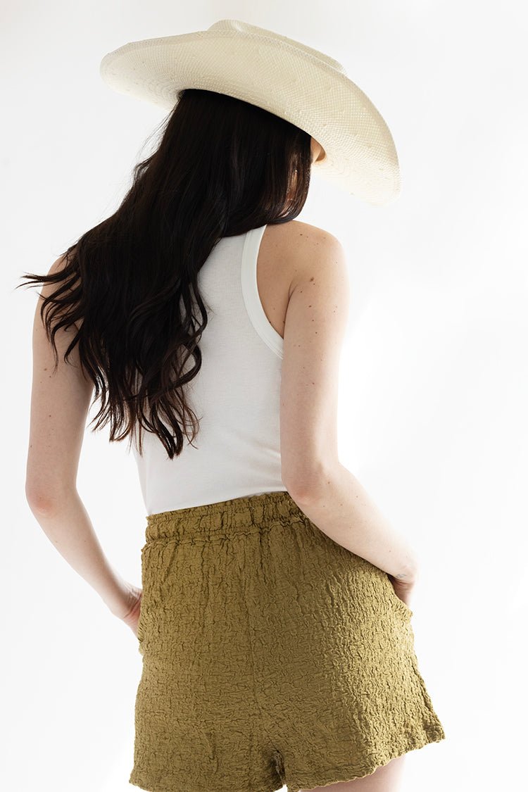 Olive Textured Shorts with Elastic Waist Band - Flea Style