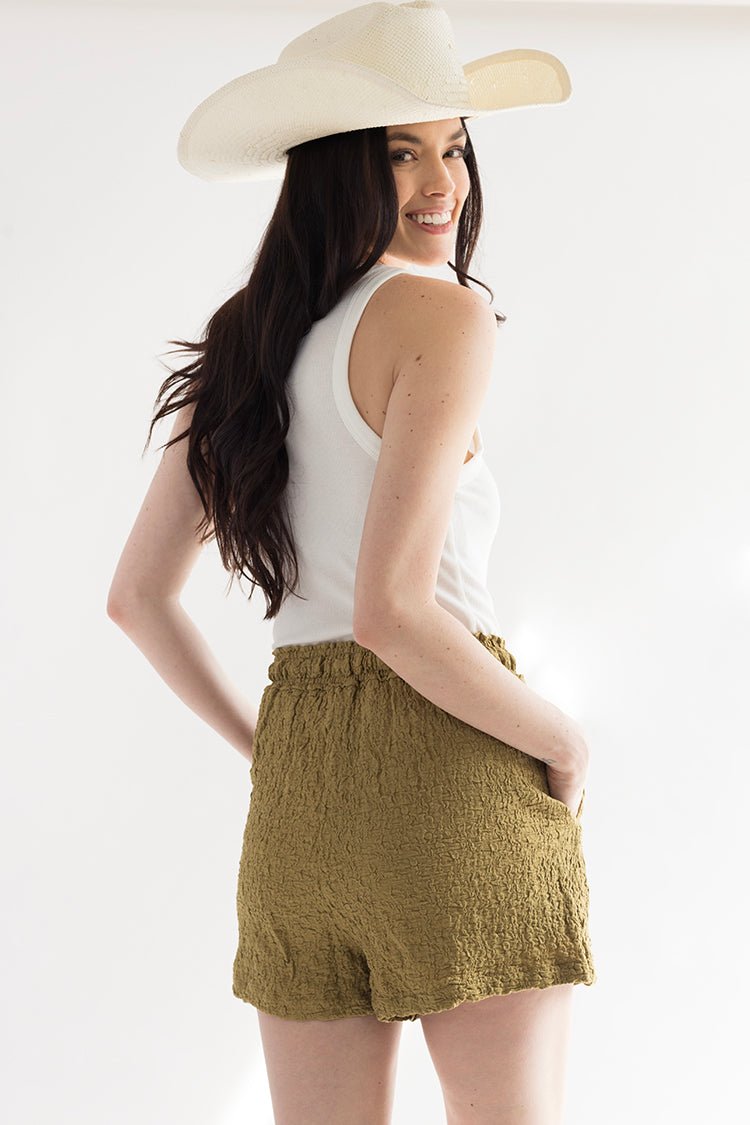 Olive Textured Shorts with Elastic Waist Band - Flea Style