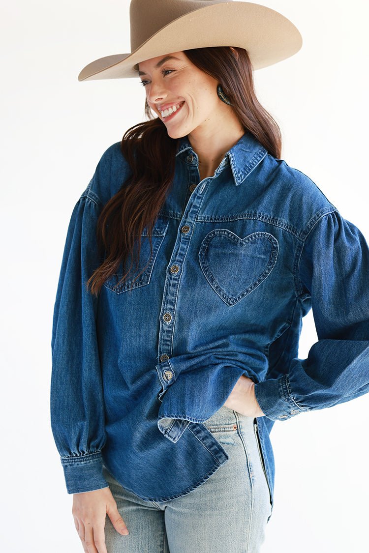 Oversized Dark Wash Heart Pocket Button Down - Flea Style