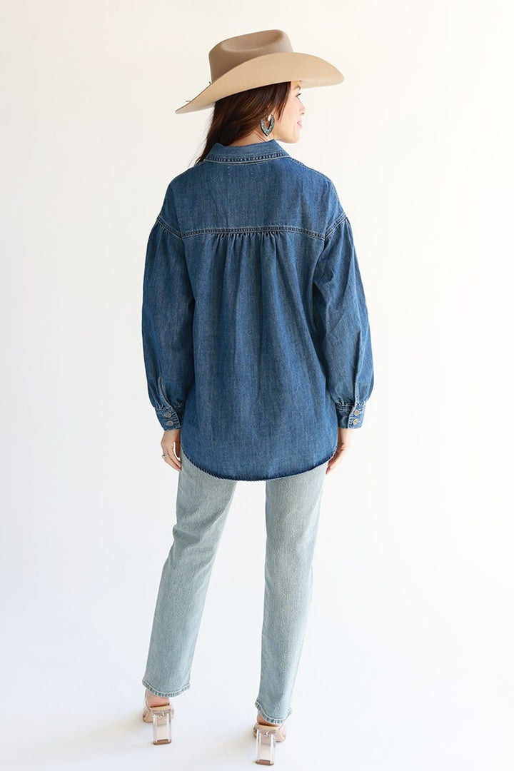 Oversized Dark Wash Heart Pocket Button Down - Flea Style