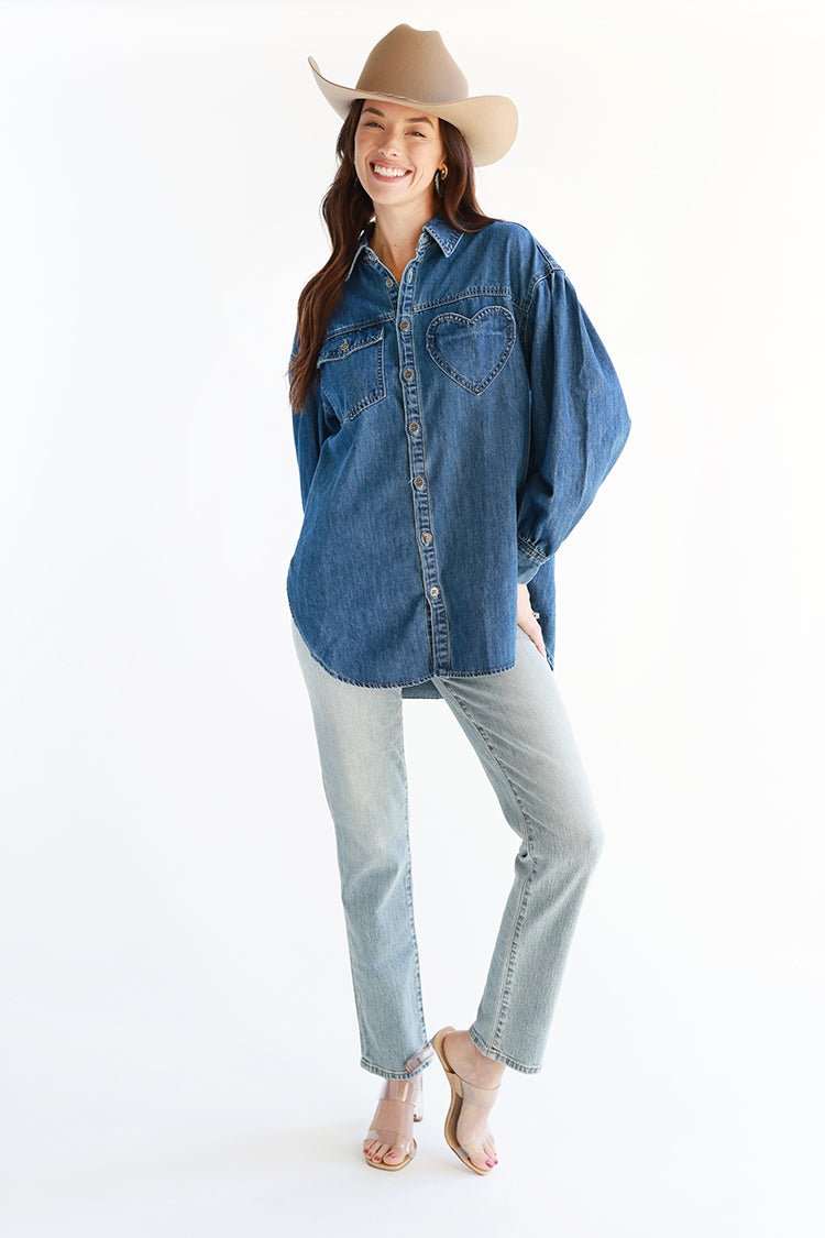 Oversized Dark Wash Heart Pocket Button Down - Flea Style