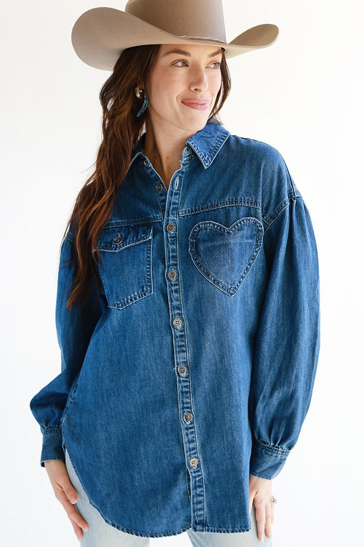 Oversized Dark Wash Heart Pocket Button Down - Flea Style