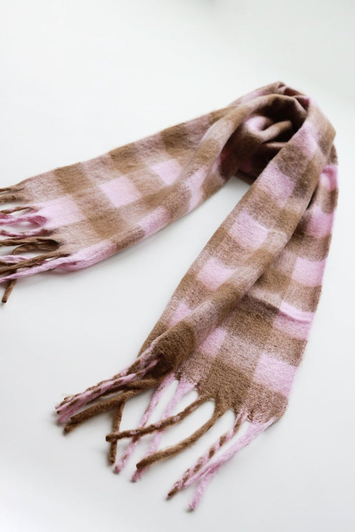 Oversized Pink and Brown Buffalo Check Scarf - Flea Style