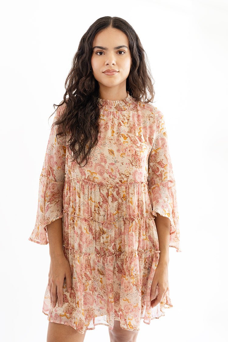 Pink Floral High - Neck Flowy Dress - Flea Style