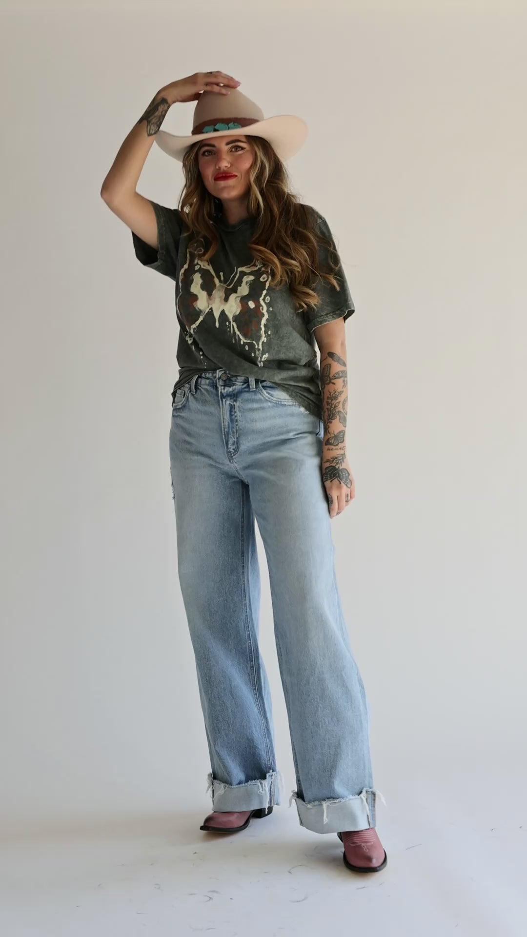 Light Wash Cuffed Wide Leg Jeans