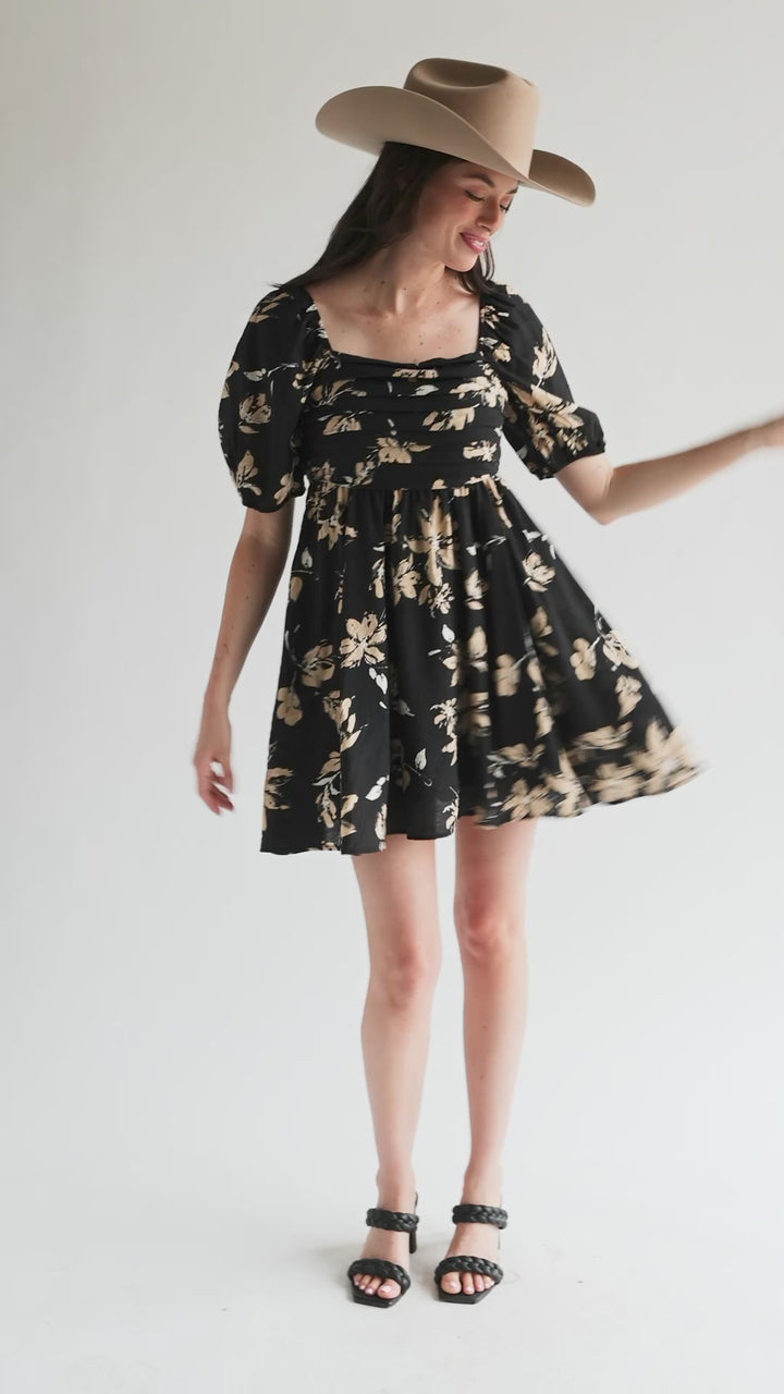 Black Floral Puff Sleeve Dress