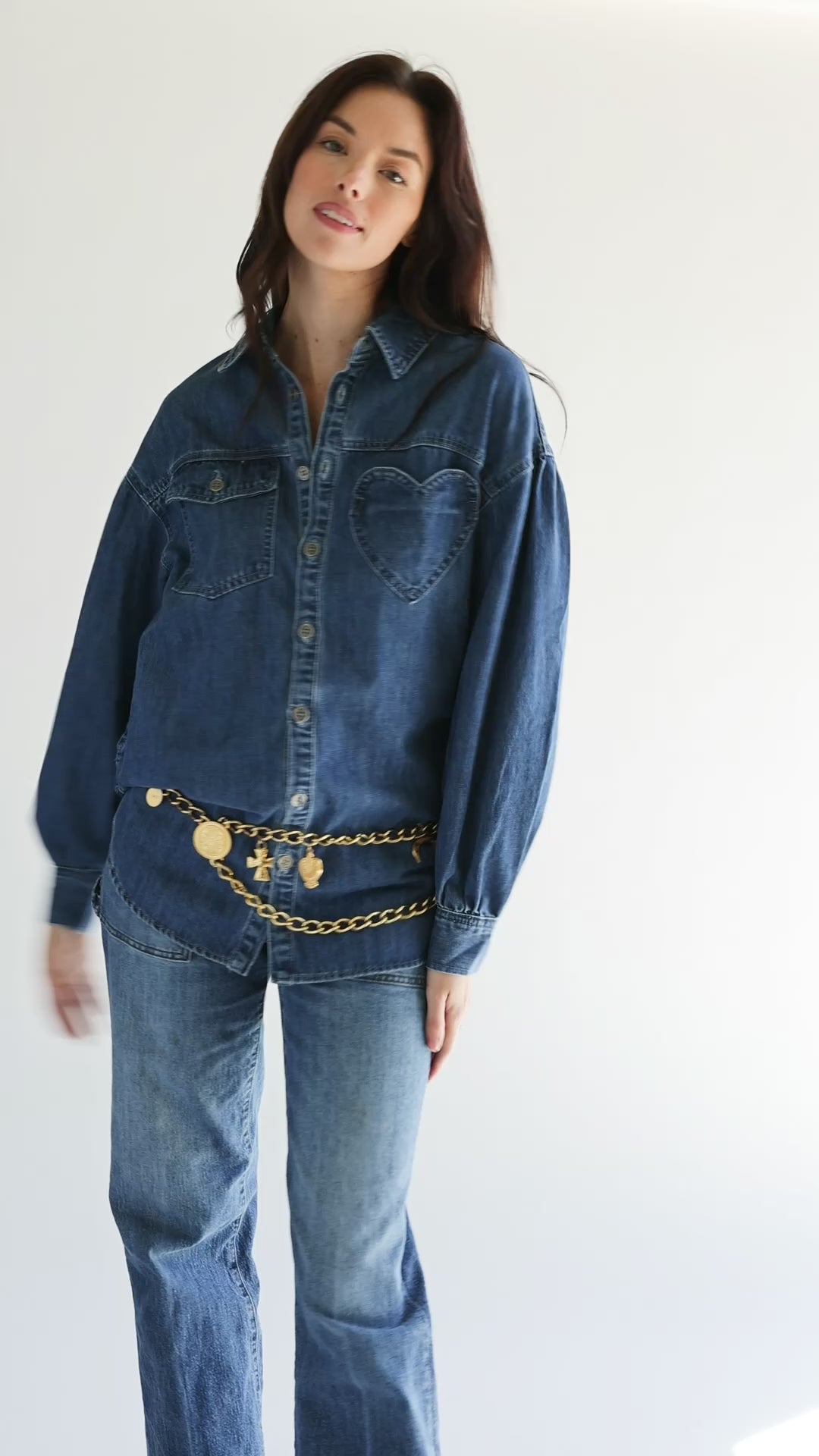 Oversized Dark Wash Heart Pocket Button Down