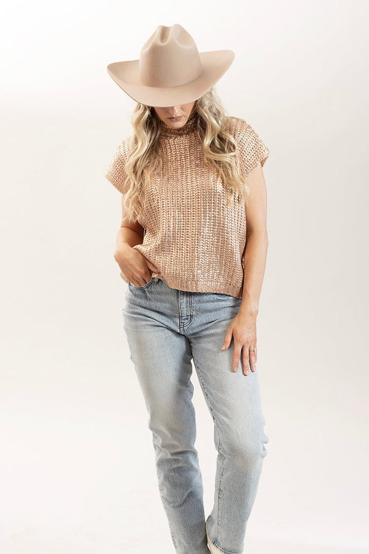 Short Sleeve Metallic Foil Sweater - Flea Style