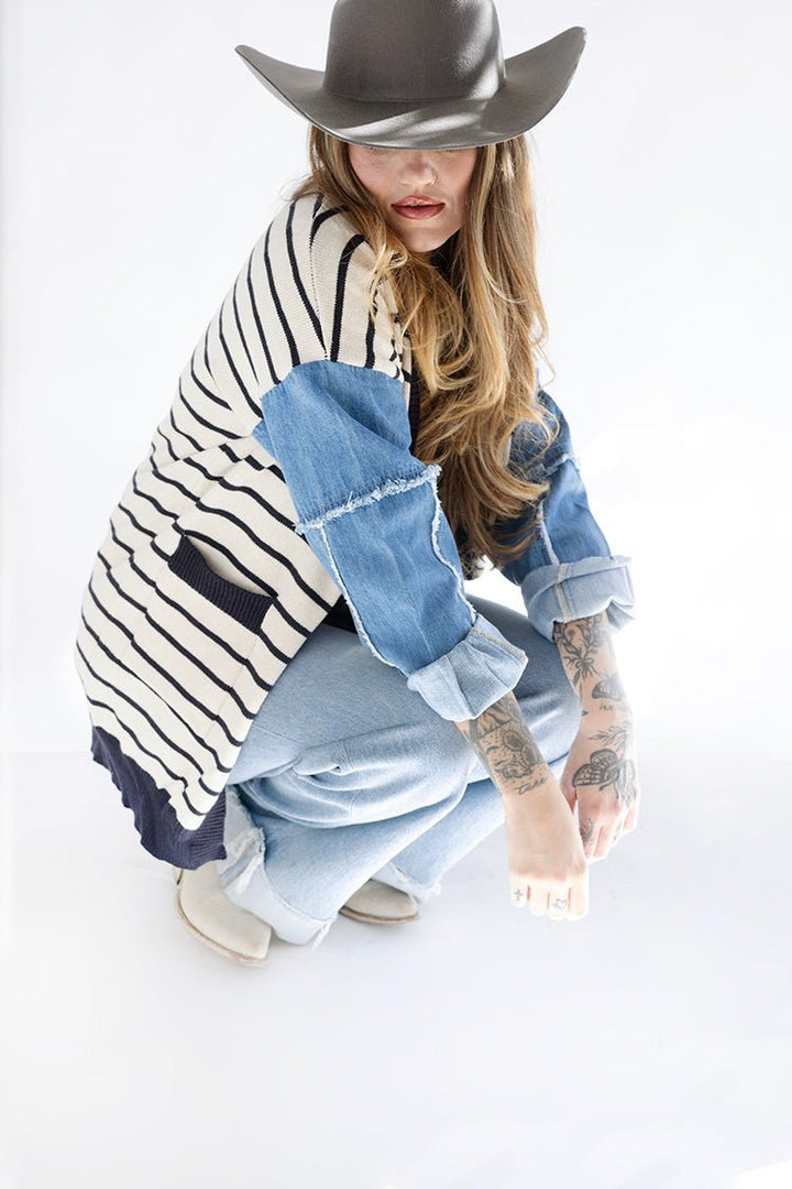 Striped Cardigan with Denim Sleeve Detail - Flea Style