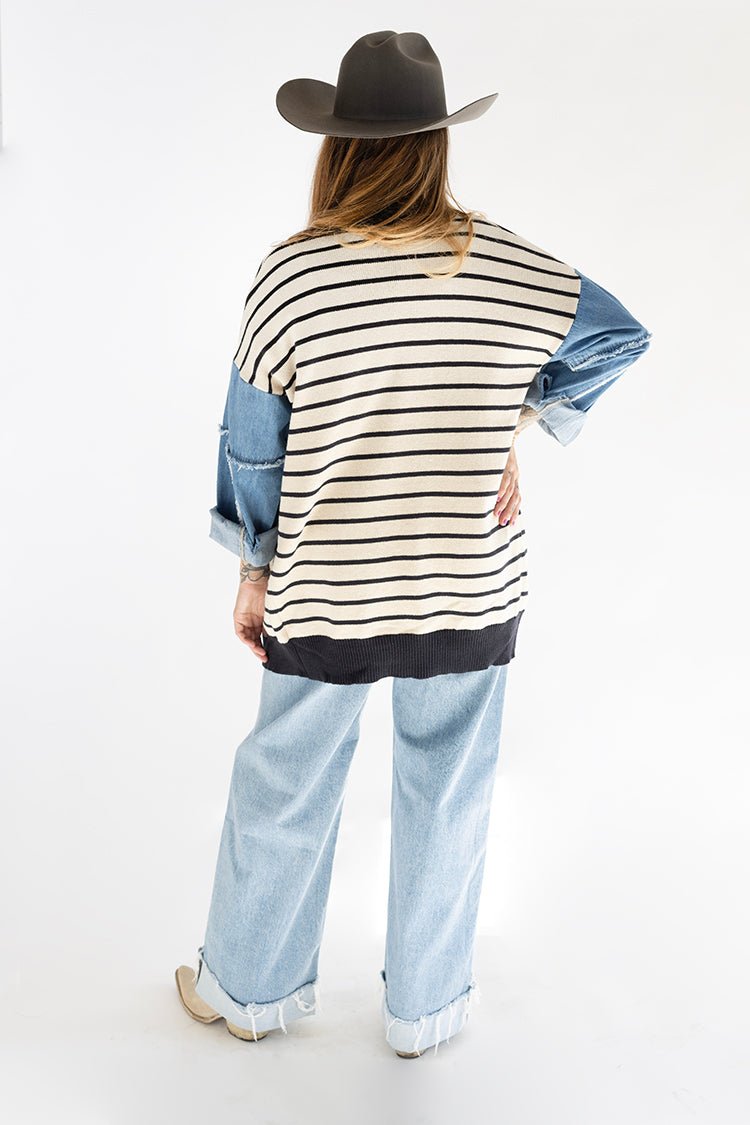 Striped Cardigan with Denim Sleeve Detail - Flea Style