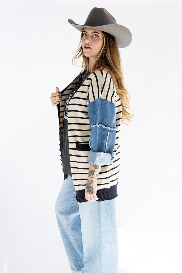 Striped Cardigan with Denim Sleeve Detail - Flea Style