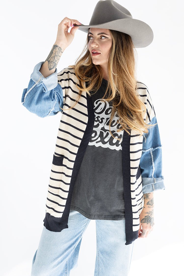 Striped Cardigan with Denim Sleeve Detail - Flea Style