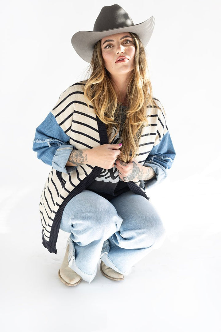 Striped Cardigan with Denim Sleeve Detail - Flea Style