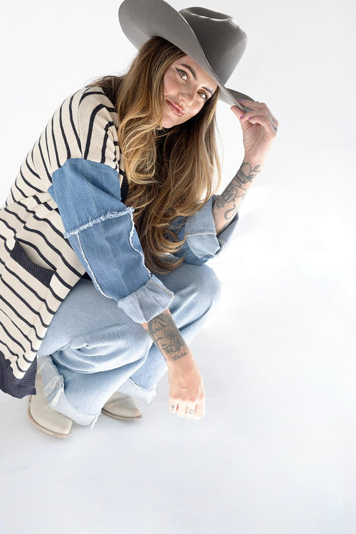 Striped Cardigan with Denim Sleeve Detail - Flea Style