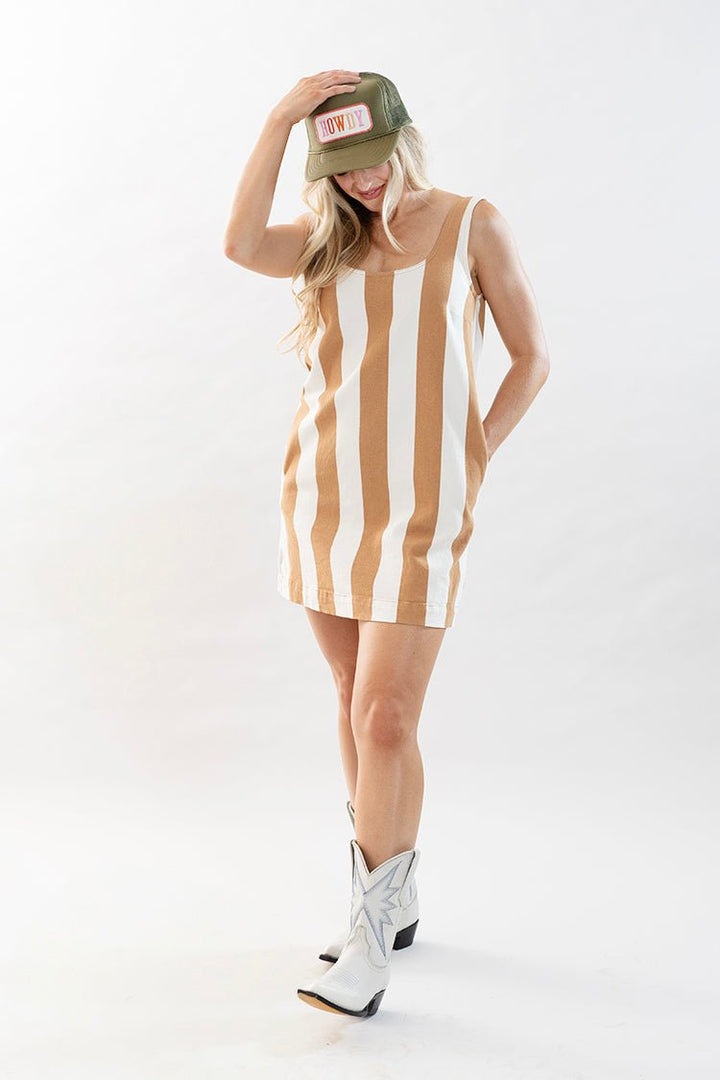Tan and White Striped Denim Dress - Flea Style