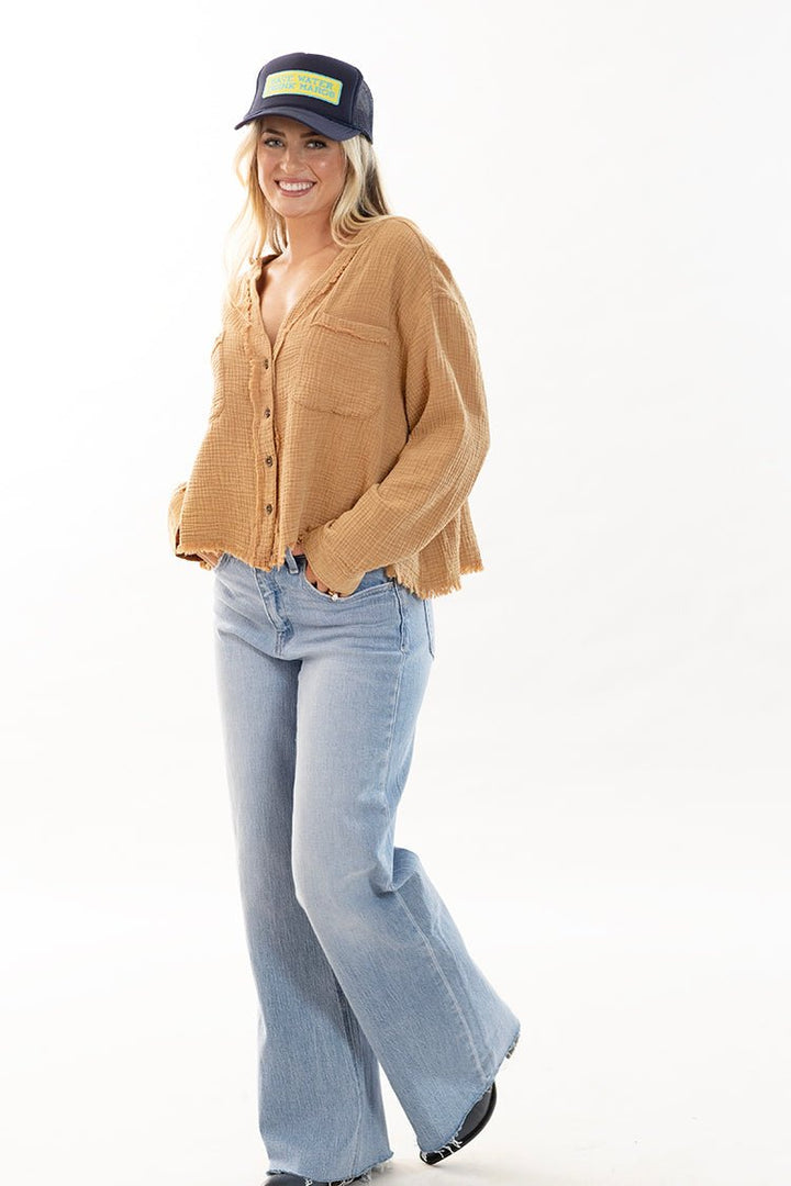 Tan Cotton Gauze Button Down Shirt - Flea Style