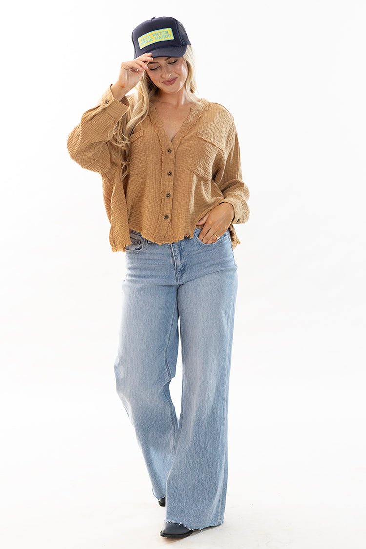Tan Cotton Gauze Button Down Shirt - Flea Style