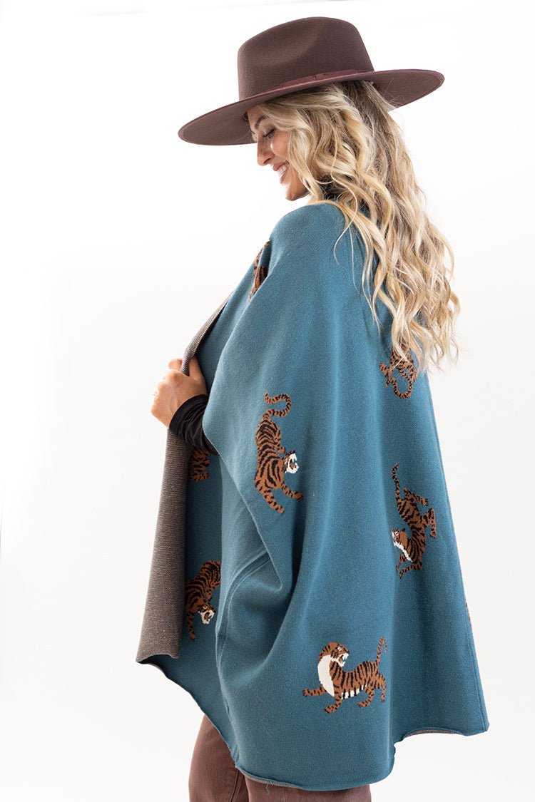 Teal Tiger Print Poncho - Flea Style