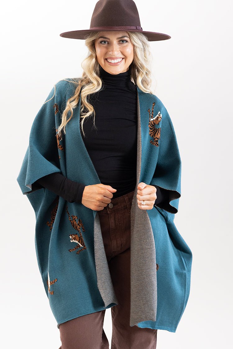 Teal Tiger Print Poncho - Flea Style