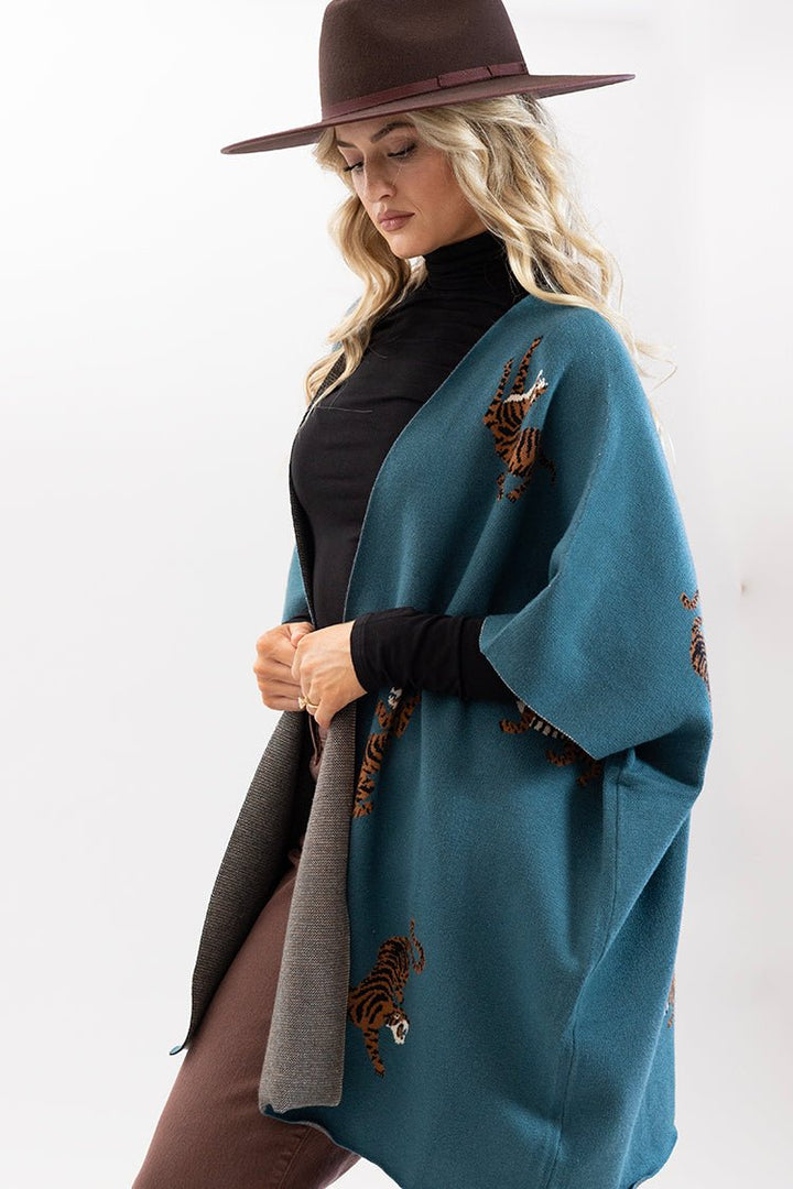 Teal Tiger Print Poncho - Flea Style