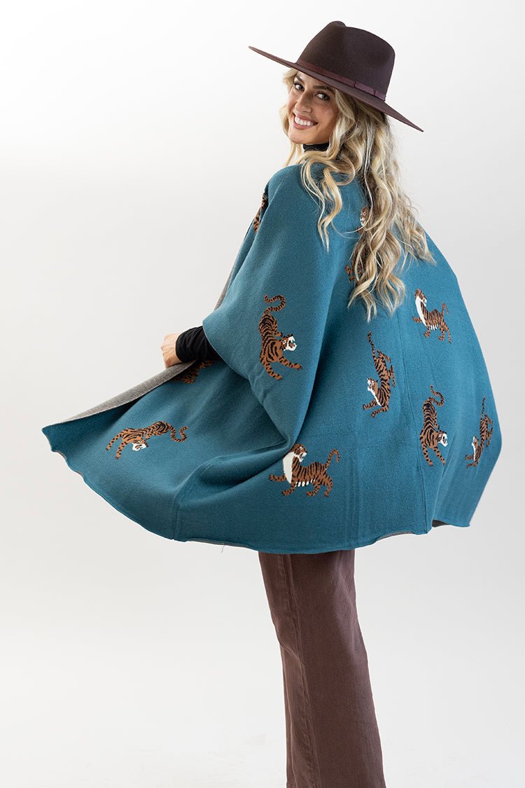 Teal Tiger Print Poncho - Flea Style