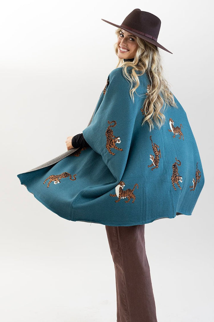 Teal Tiger Print Poncho - Flea Style