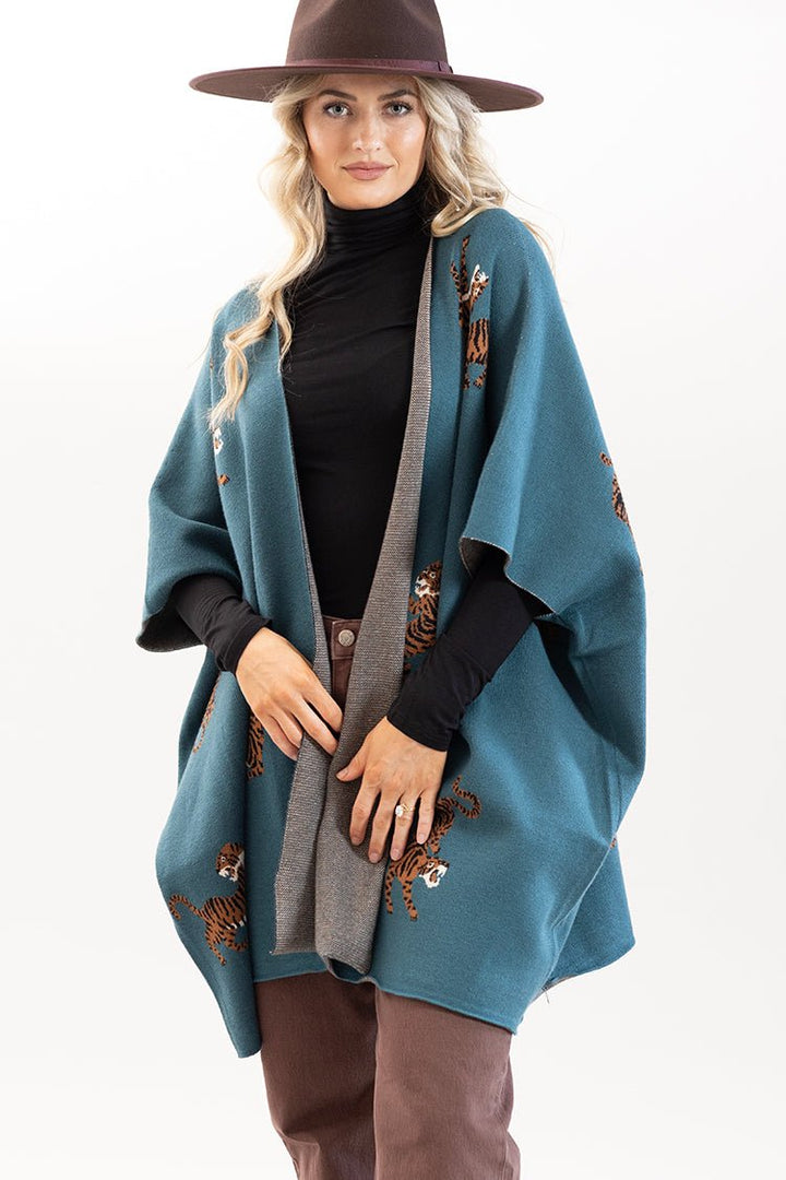 Teal Tiger Print Poncho - Flea Style