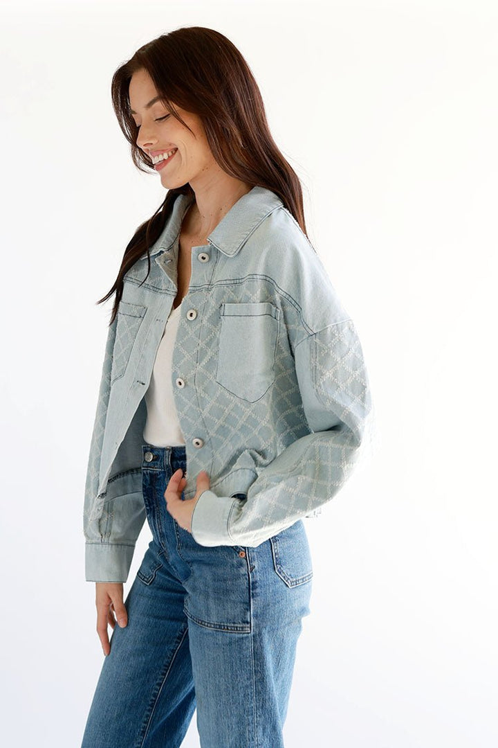 Textured Detail Light Wash Denim Jacket - Flea Style