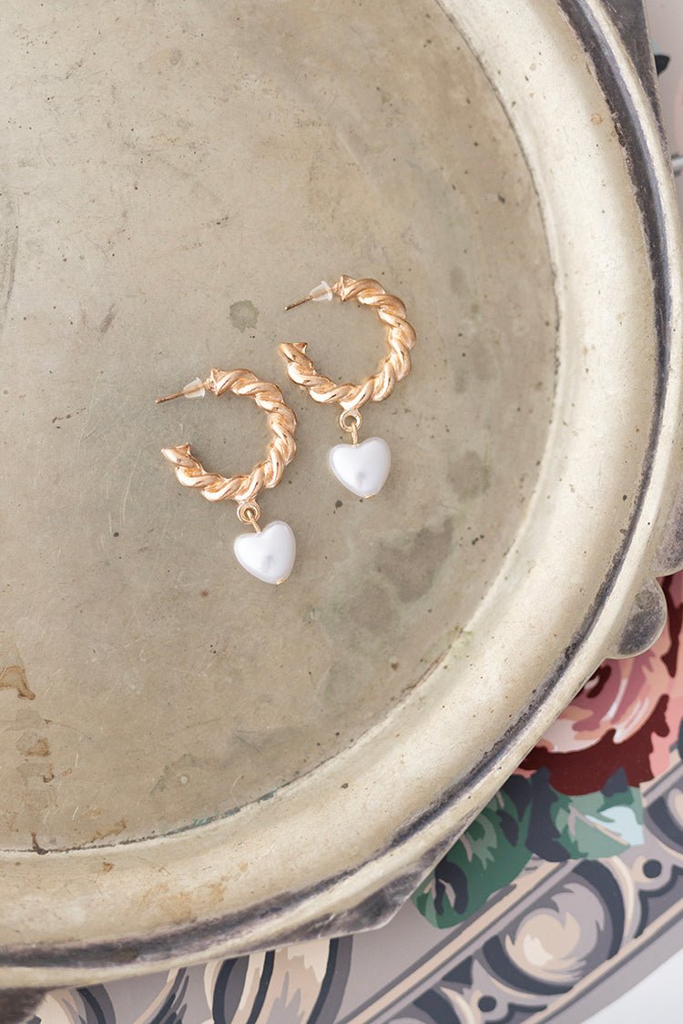 Twisted Gold Hoops with Pearl Hearts - Flea Style