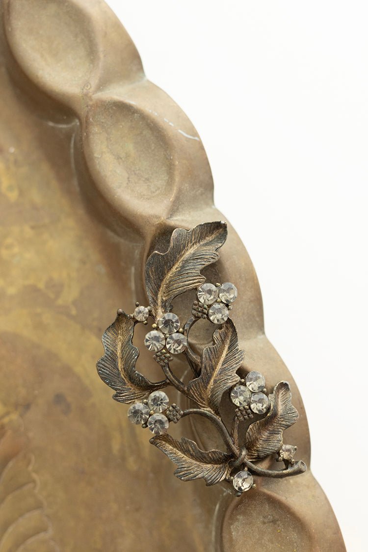 Vintage Aged Silver and Bling Leaf Brooch - Flea Style