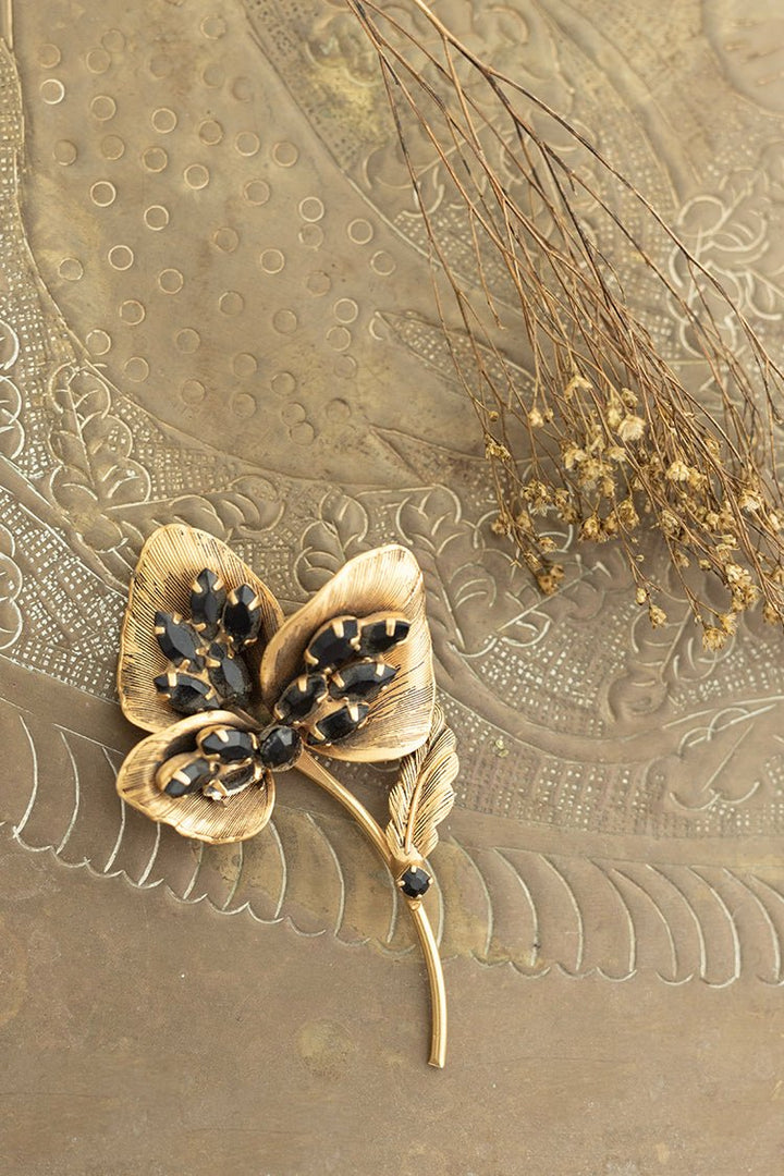 Vintage Gold and Black Bling Floral Brooch - Flea Style