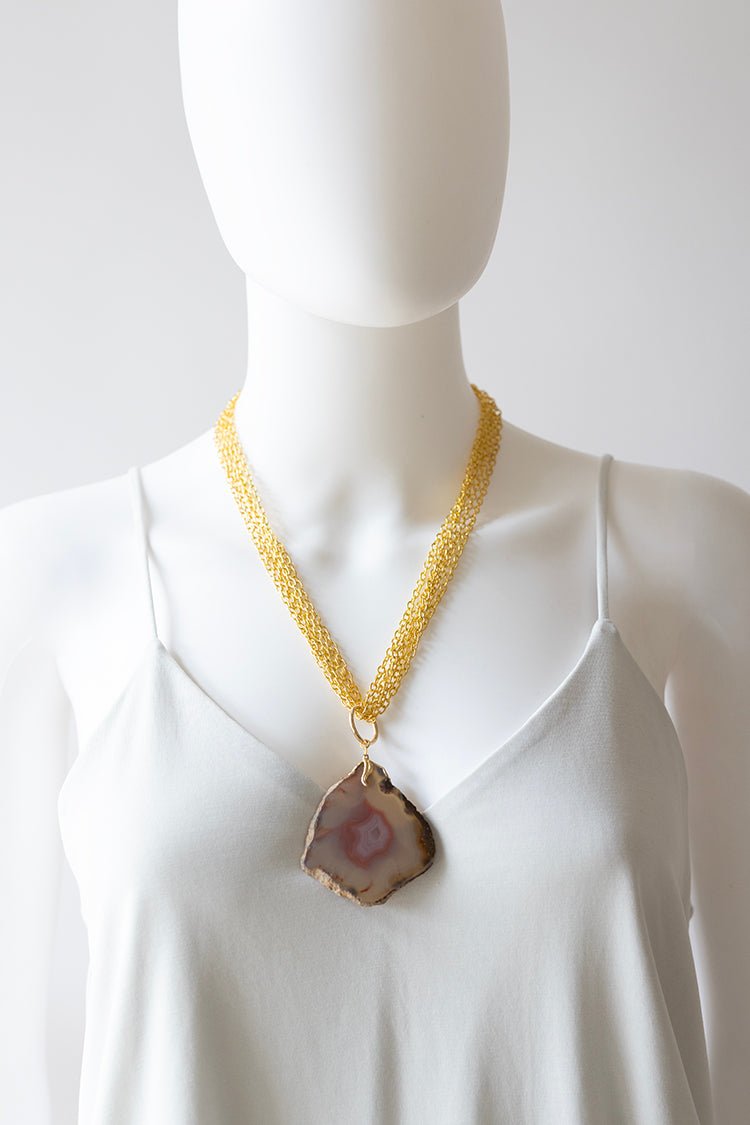 Vintage Gold Multi Chain Necklace with Geode Pendant - Flea Style