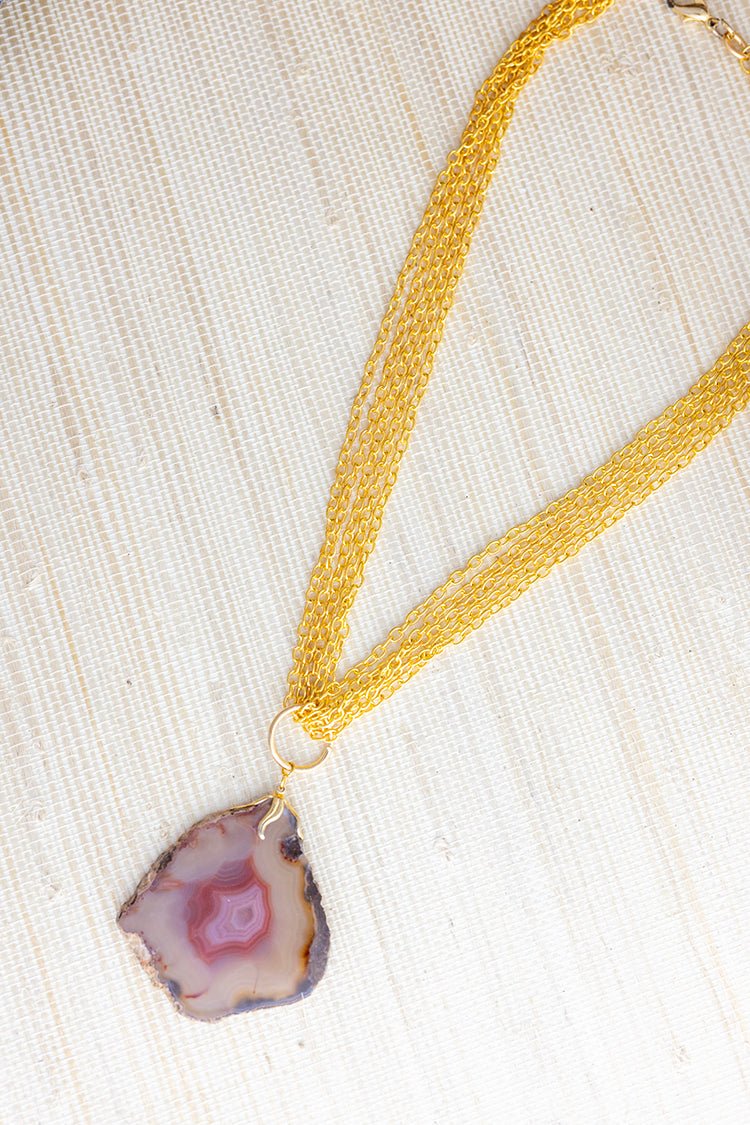 Vintage Gold Multi Chain Necklace with Geode Pendant - Flea Style