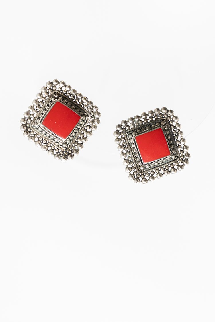 Vintage Red and Silver Scalloped Clip - On Earrings - Flea Style