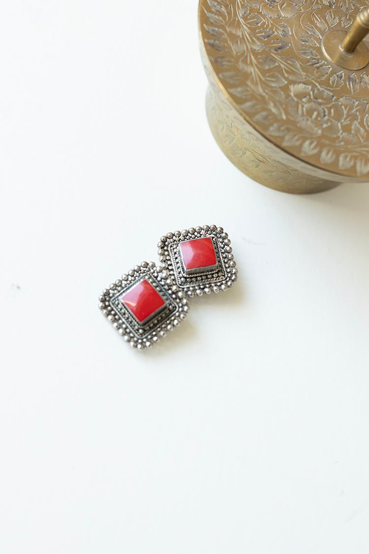 Vintage Red and Silver Scalloped Clip - On Earrings - Flea Style