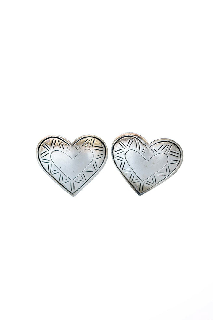 Vintage Silver Etched Heart Clip - on Earrings - Flea Style