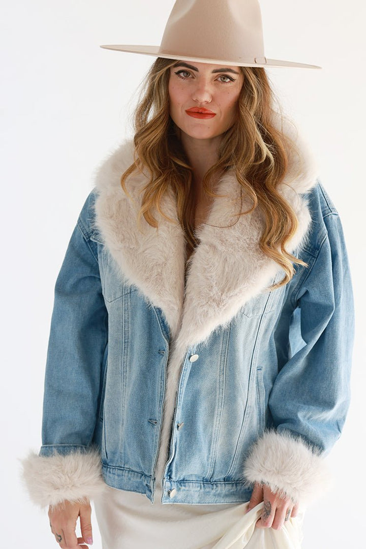 Washed Denim Jacket with Fur Collar and Trim - Flea Style