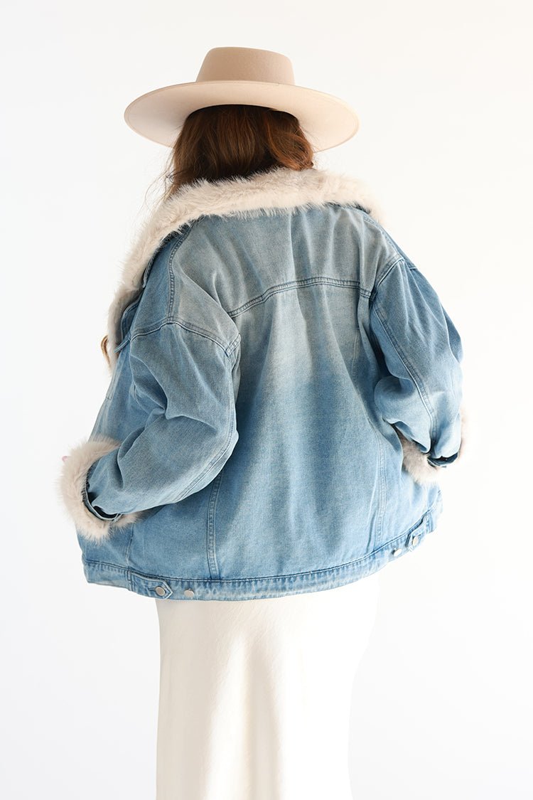 Washed Denim Jacket with Fur Collar and Trim - Flea Style