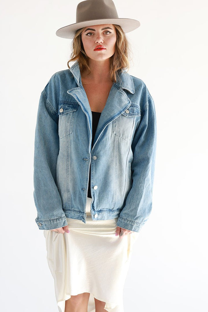 Washed Denim Jacket with Fur Collar and Trim - Flea Style