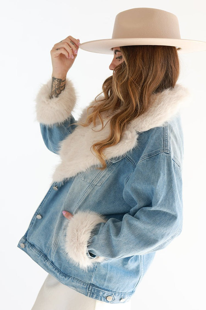 Washed Denim Jacket with Fur Collar and Trim - Flea Style