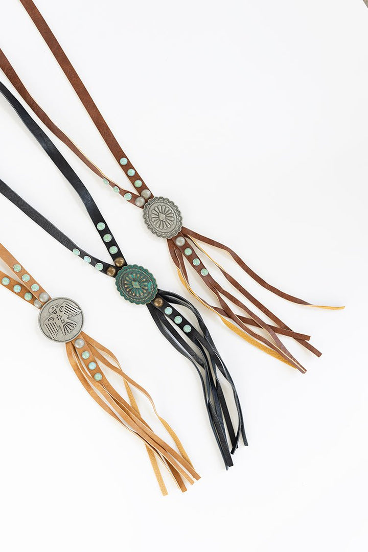 Western Black Leather Lariat Concho Necklace - Flea Style