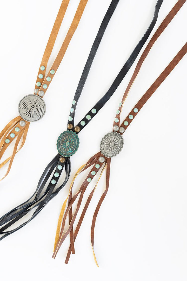 Western Brown Leather Lariat Concho Necklace - Flea Style