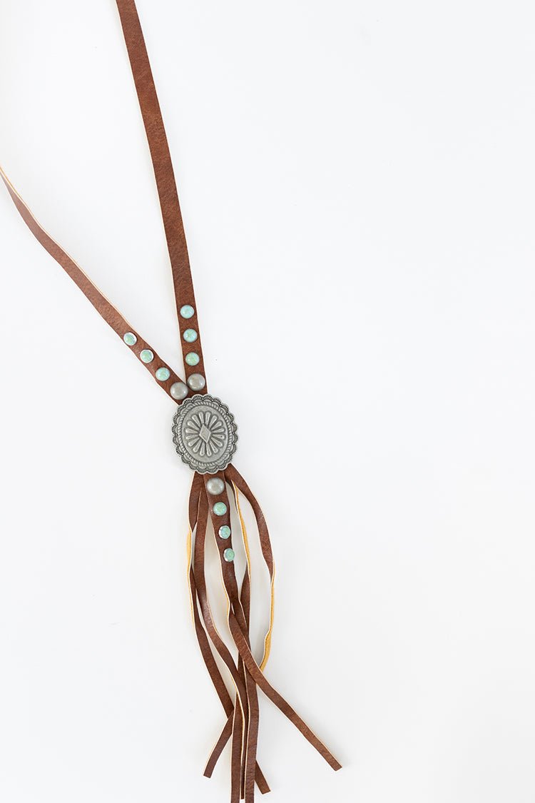 Western Brown Leather Lariat Concho Necklace - Flea Style