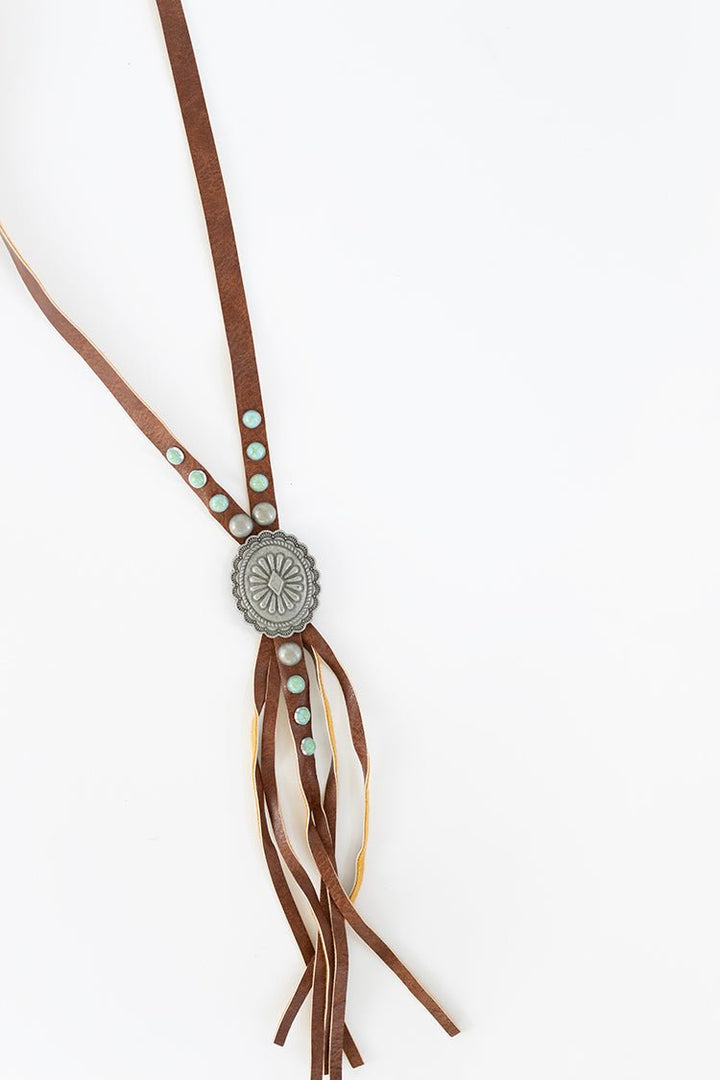 Western Brown Leather Lariat Concho Necklace - Flea Style