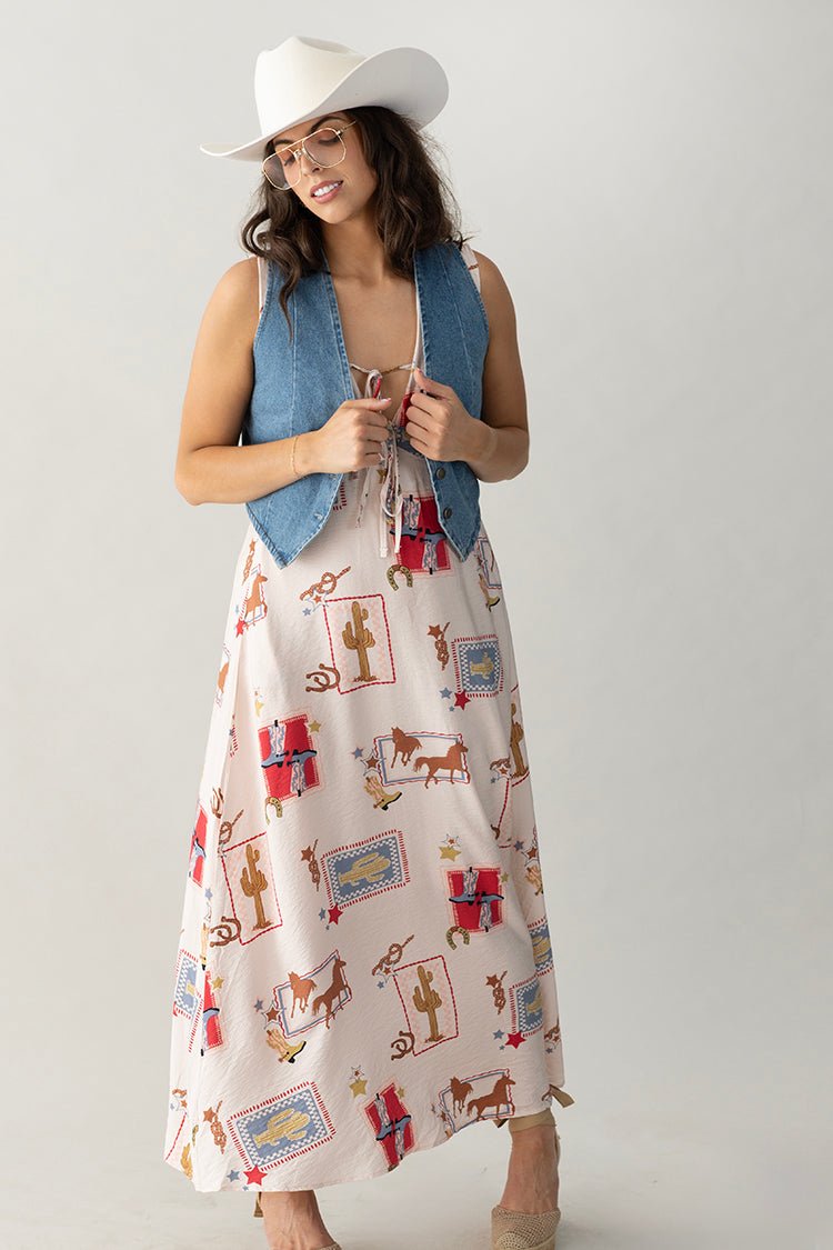 Western Motif Tie - Front Maxi Dress - Flea Style